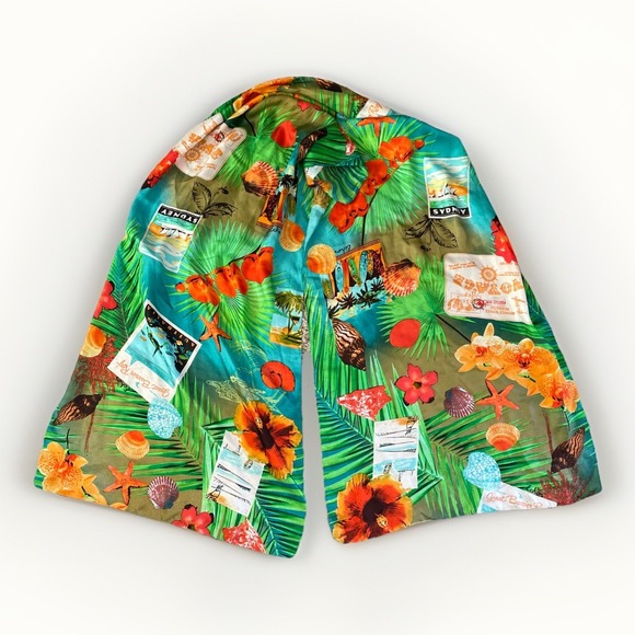 Echo Accessories - Vintage ECHO Silk Scarf Beach Ocean Australia Travel Postcard Tropical Flowers
